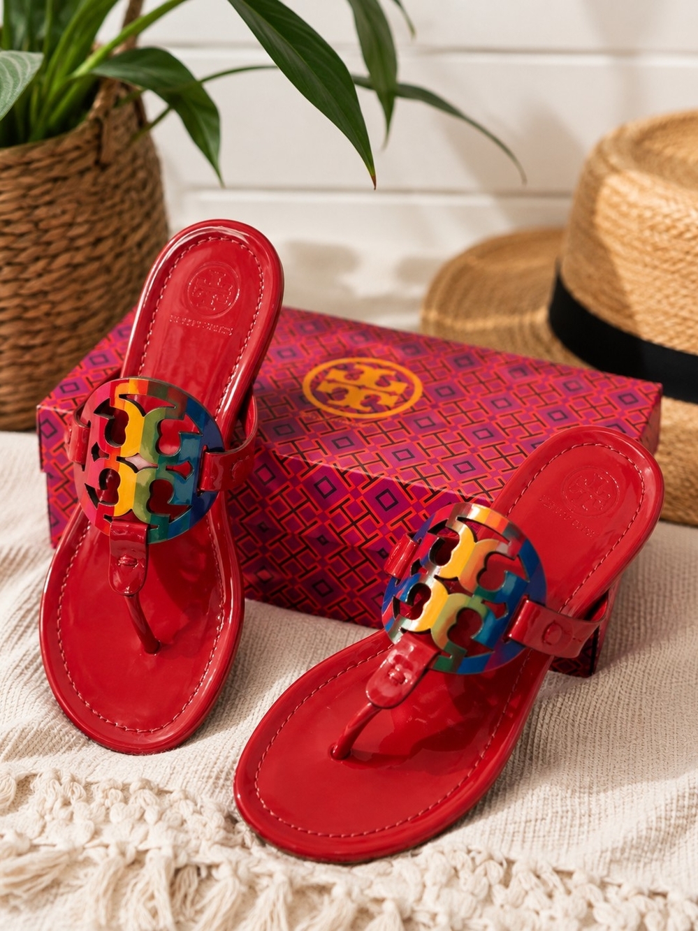 Tory Burch Miller Rainbow Patent Leather Sandals Ruby Red Size 7 w/ Box